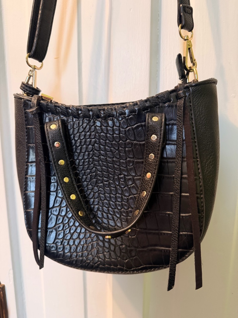 Madison West Black Croc-Embossed Shoulder Bag with Gold Accents